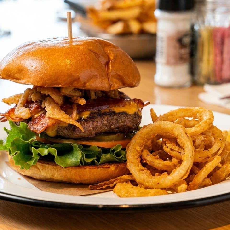 A bacon cheeseburger topped with crispy fried onions and a side of onion rings on a white plate.