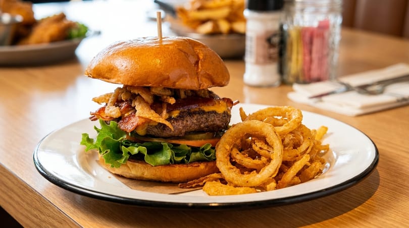 A bacon cheeseburger topped with crispy fried onions and a side of onion rings on a white plate.