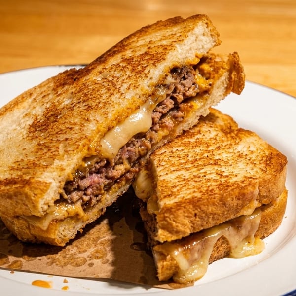 Grilled cheese sandwich with ground beef and melted cheese, cut in half on a white plate.