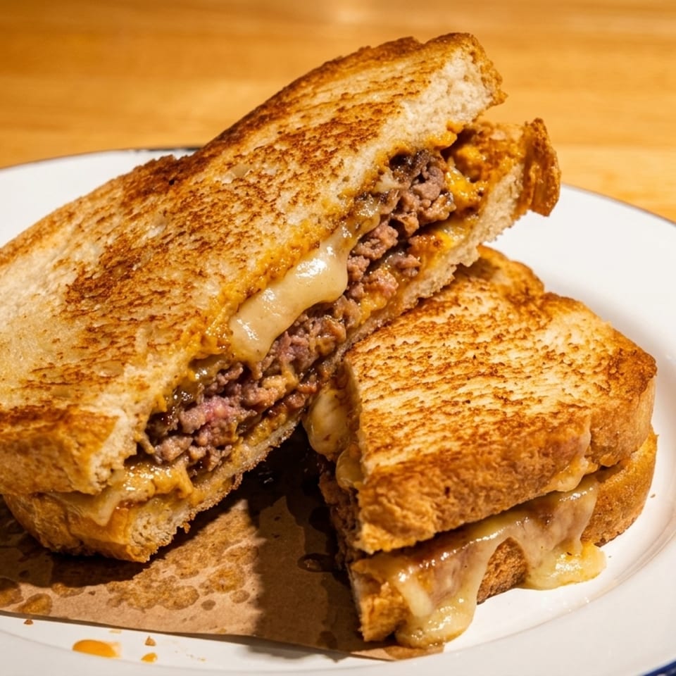 Grilled cheese sandwich with ground beef and melted cheese, cut in half on a white plate.